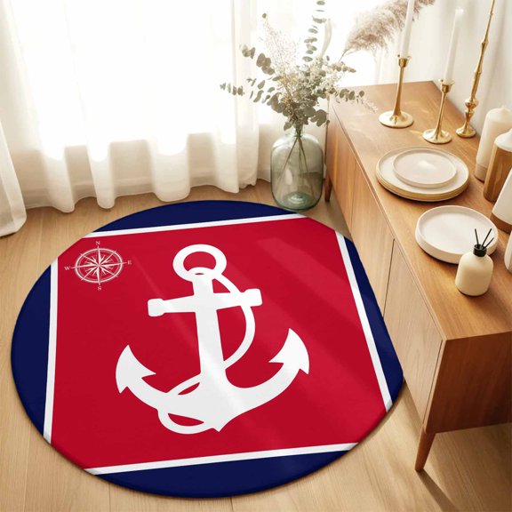 Nautical Anchor Compass Marine Theme Round Rug 3ft Red Blue White Washable Area Rugs for Living Room Bedroom Entryway Non Slip Entrance Door Mat Indoor Floor Carpet