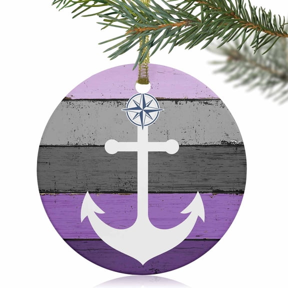 Nautical Anchor Compass Purple Gradient Christmas Ceramic Ornament 2025,3" Round Xmas Tree Hanging Accessories with Gold Ribbon