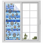 Nautical Anchor Compass Window Privacy Film, Coastal Blue Striped Static Cling UV Sun Blocking Heat Control Window Tint Day and Night, Non-Adhesive Reusable One Way Windows Privacy Cover 23.6x59