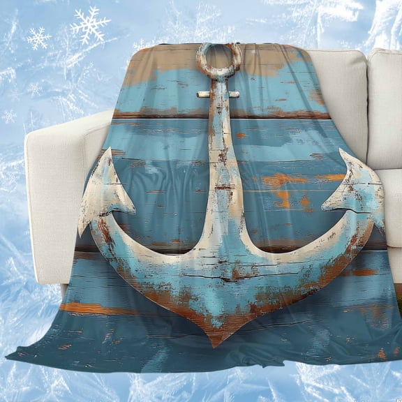 Nautical Anchor Cooling Blanket, Lightweight Breathable Summer Throw Blanket with Double Sided Cold Effect,Retro Farmhouse Blue Wooden Grain Picnic Beach Blankets Bed Sheet for Hot Sleepers 40"x60"