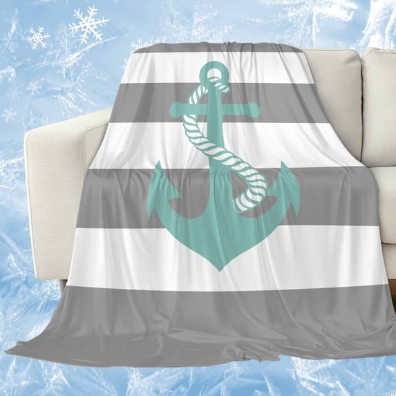 Nautical Anchor Cooling Blanket,Lightweight Breathable Summer Throw Blanket with Double Sided Cold Effect,Turquoise Grey White Horizontal Stripe Picnic Blankets Bed Sheet for Hot Sleepers 50"x60"