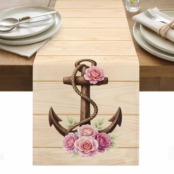 Nautical Anchor Cotton Linen Table Runner Retro Pink Rose Flower Brown Wood Striped Dining Table Runners for Home Decor Party Dining Room Restaurant Kitchen Party 13" x 48"
