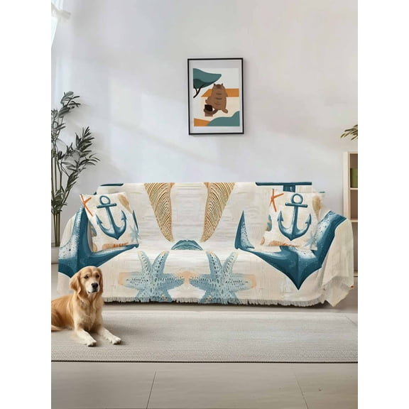 Nautical Anchor Couch Cover, Coastal Ocean Vintage Starfish Shells Oversized Sofa Cover Blanket for 3 Cushion Couch,Sectional Sofa Slipcover Furniture Protector for Living Room Bedroom 71''x150''