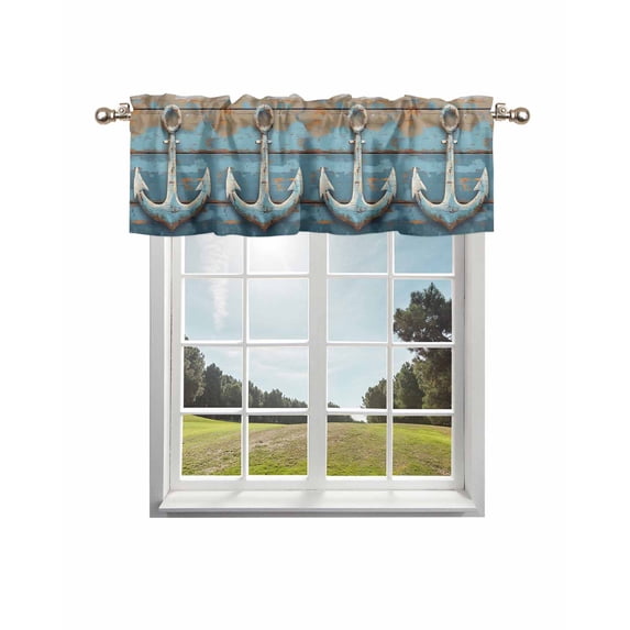 Nautical Anchor Curtain Valance for Windows/Living Room/Kitchen/Bathroom/Café, Short Rod Pocket Tier Curtain Window Treatment Panel Retro Farmhouse Blue Wooden Grain Topper Curtain 42''x12''