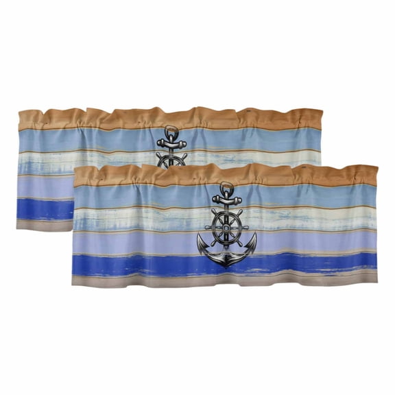 Nautical Anchor Curtain Valances for Windows, Kitchen Valance Window Treatments Panel 2 Pack, Vintage Navy Blue Wooden Boards Country Rod Pocket Short Curtains for Bathroom Bedroom 42 x 12 Inch