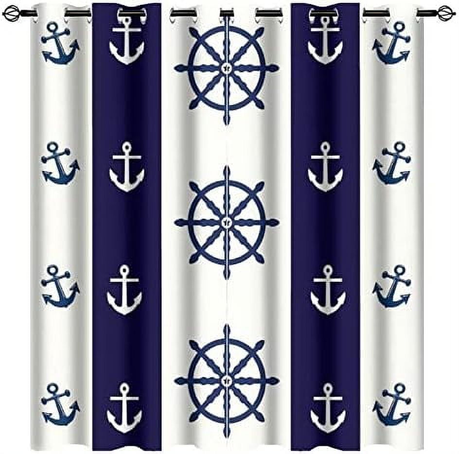 Nautical Anchor Curtains Blue White Navy Ocean Themed Anchor Compass ...