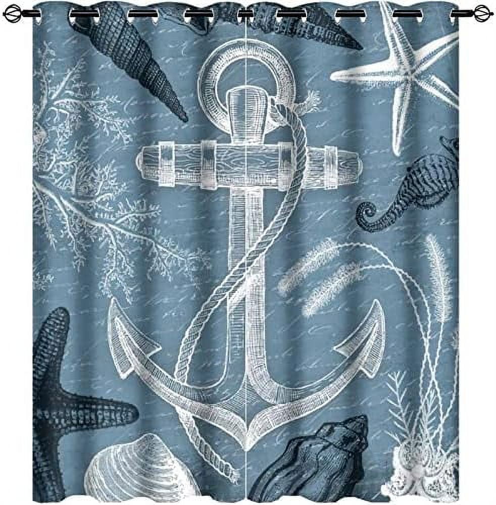 Nautical Anchor Curtains Blue White Navy Ocean Themed Anchor Compass