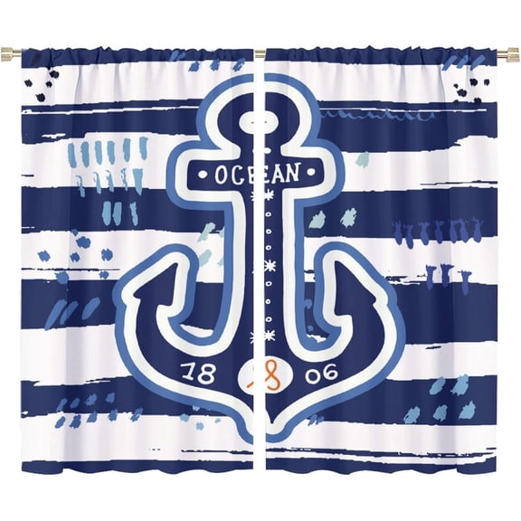 Nautical Anchor Curtains Cartoon Funny Anchor Ocean Adventure Blue White Stripe Kids Boys Teens Bedroom Living Room Bathroom Blackout Rod Pocket Decoration Window Drapes 72x63in