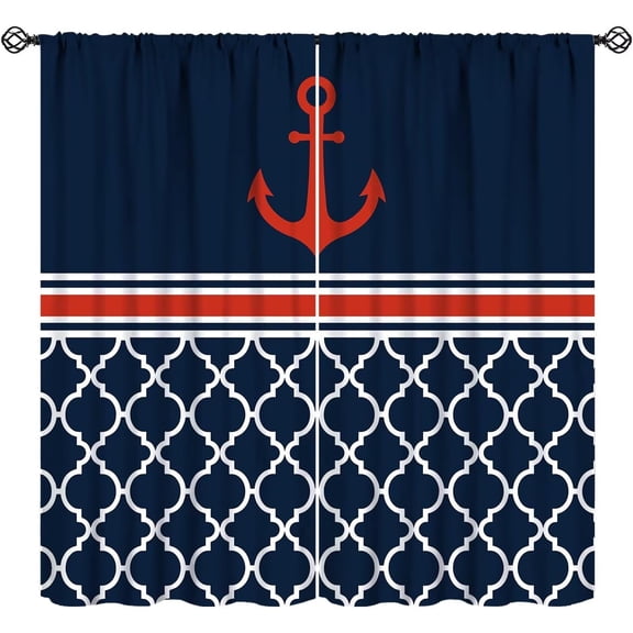 Nautical Anchor Curtains, Navy Blue White Red Beach Coastal Beach Strip Geometric Window Treatments for Bedroom Livingroom Summer Holiday Party, 63" W X 63" L