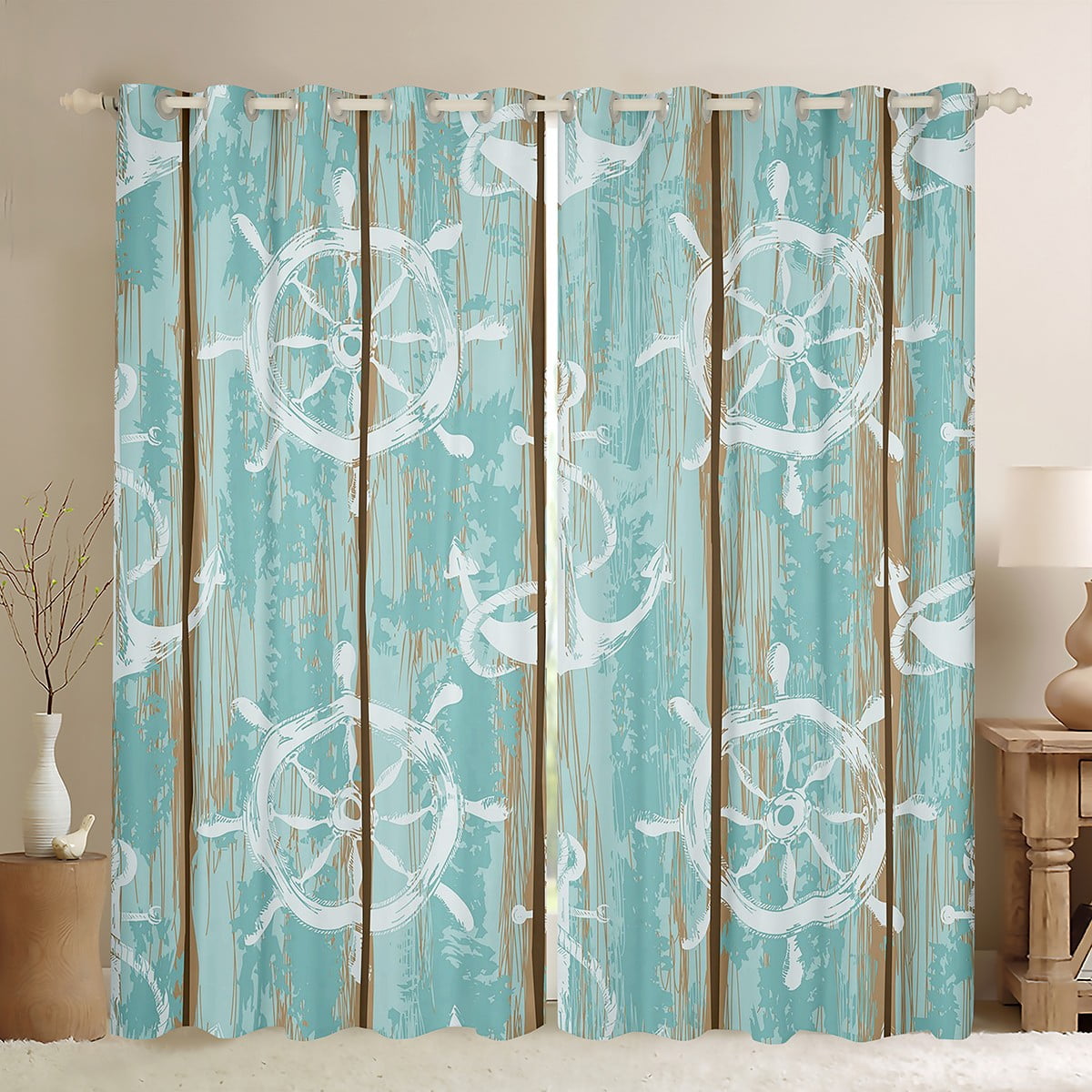 Nautical Anchor Curtains Rustic Farmhouse Style Blackout Cabin Lodge Decor Coastal Compass Rudder Window Ds For Bedroom Country Western Ocean Theme Treatments 42 X63 Com