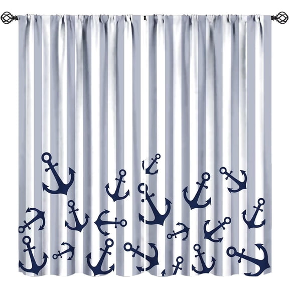 Nautical Anchor Curtains, Summer Coastal Ocean Navy Blue Anchor Gray Stripes Window Drapes for Bedroom Living Room Kitchen Bathroom, 72" W X 63" L