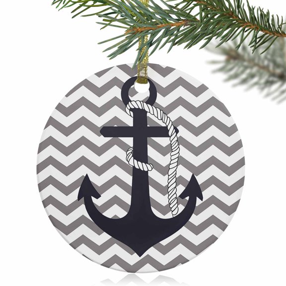 Nautical Anchor Dark Blue Christmas Ceramic Ornament 2025,3" Round Xmas Tree Hanging Accessories with Gold Ribbon