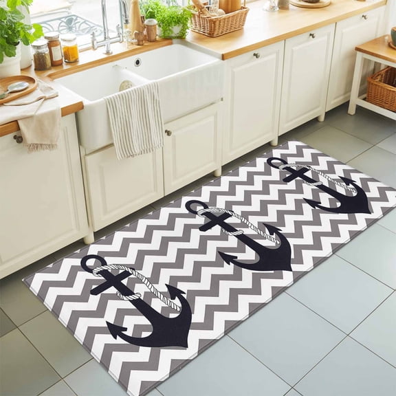 Nautical Anchor Dark Blue Rectangle Area Rug 2x6ft,Living Room Rug Non-Slip Washable Circle Rugs Pad,Grey Zigzag Chevron Soft Floor Carpet for Bedroom Dining Room