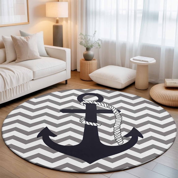 Nautical Anchor Dark Blue Round Rug 5ft Grey Zigzag Chevron Washable Area Rugs for Living Room Bedroom Entryway Non Slip Entrance Door Mat Indoor Floor Carpet