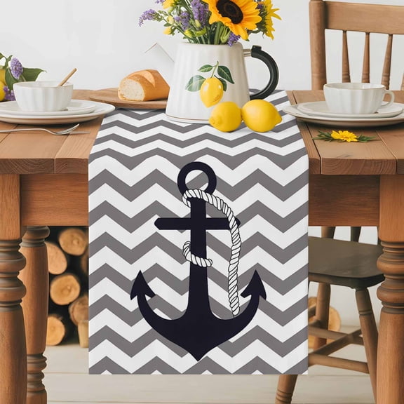 Nautical Anchor Dark Blue Table Runner 36 Inches Long, Grey Zigzag Chevron Table Runners Tabletop Scarf Kitchen Dining Tables Decoration for Home Party Indoor Outdoor