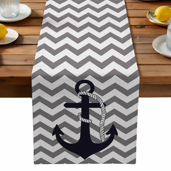 Nautical Anchor Dark Blue Table Runner-72 Inch Long Grey Zigzag Chevron Table Runners Linen Burlap Tablerunner for Kitchen Dining Room Holiday Party