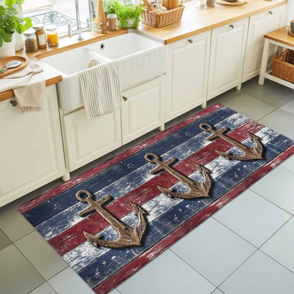 Nautical Anchor Dark Red Blue Wood Rectangle Rug 2'x6' Farm Rustic Wooden Plank Washable Area Rugs for Living Room Bedroom Entryway Non Slip Entrance Door Mat Indoor Floor Carpet