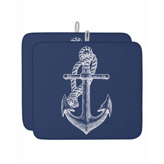 Nautical Anchor Dish Drying Mat 16x18 inch Rope Knot Coastal Navy Blue Super Absorbent Microfiber Dish Drying Pad for Kitchen Countertops Sink Dish Drainer Racks Coffee Bar Mats 2 Pack