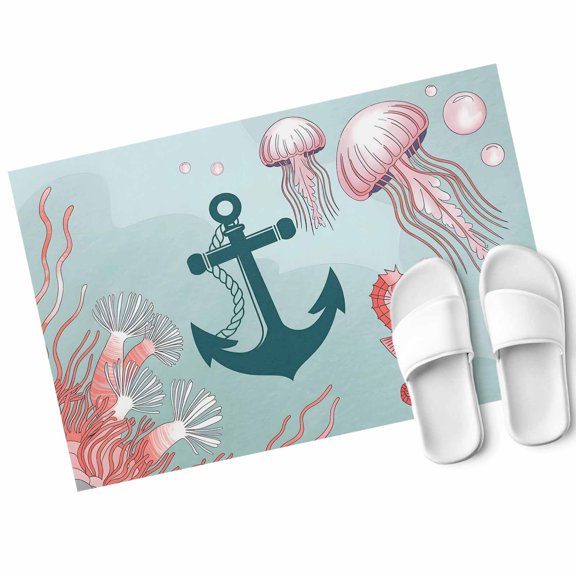 Nautical Anchor Door Mat Pink Jellyfish Seahorse Coral Ocean Marine Non Slip Absorbent Entrance Mat Washable Low Profile Indoor Doormat for Front Door Entryway Entry 16"x24"