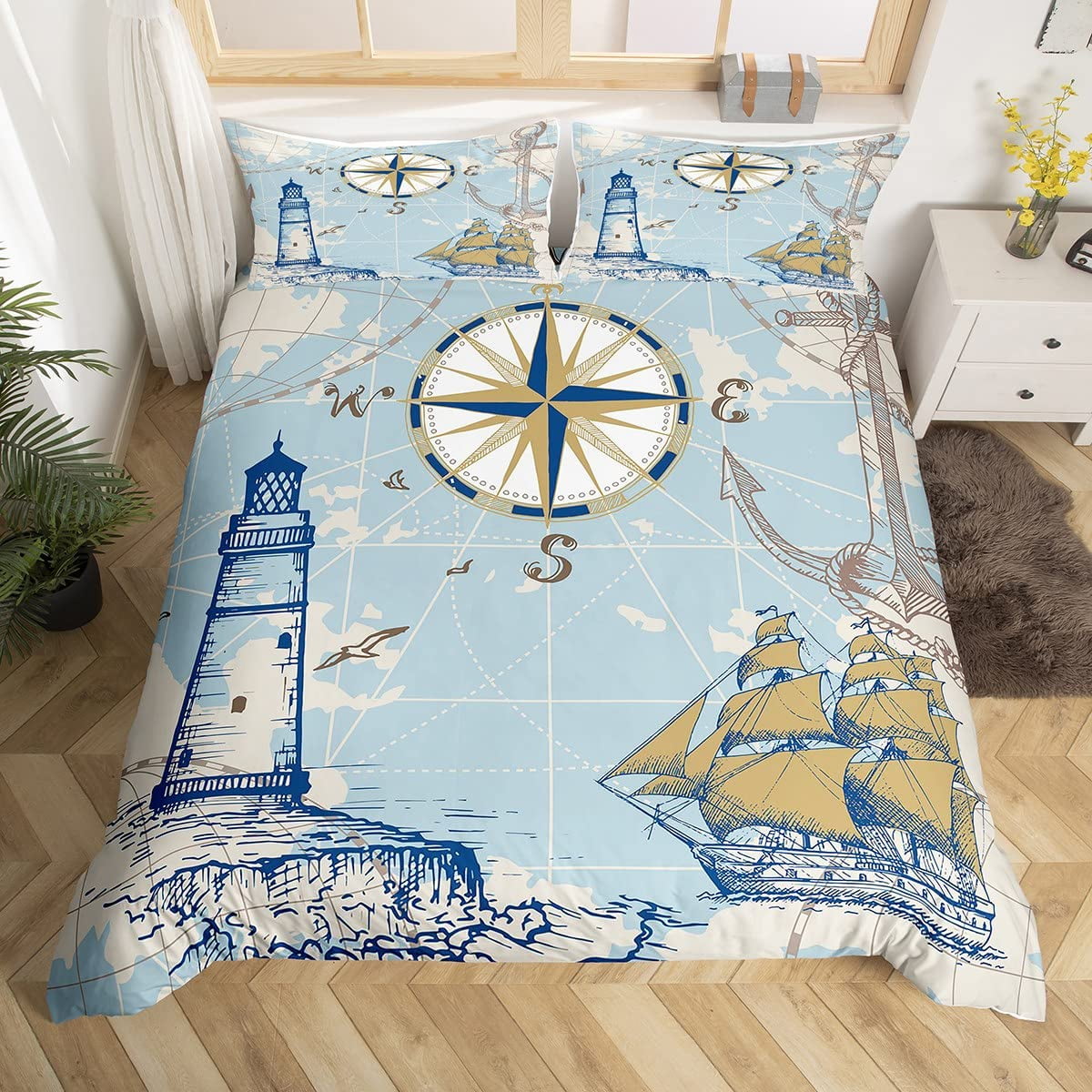 Nautical Anchor Duvet Cover Set Vintage Sail Boat Lighthouse Bedding