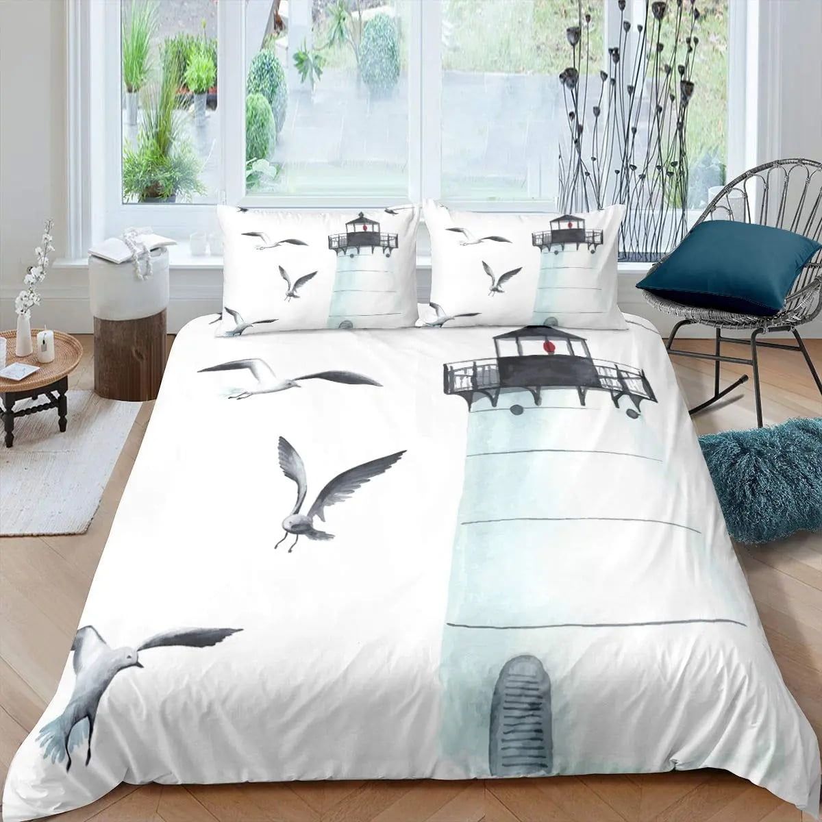 Nautical Anchor Duvet Cover Set Vintage Sail Boat Lighthouse Bedding