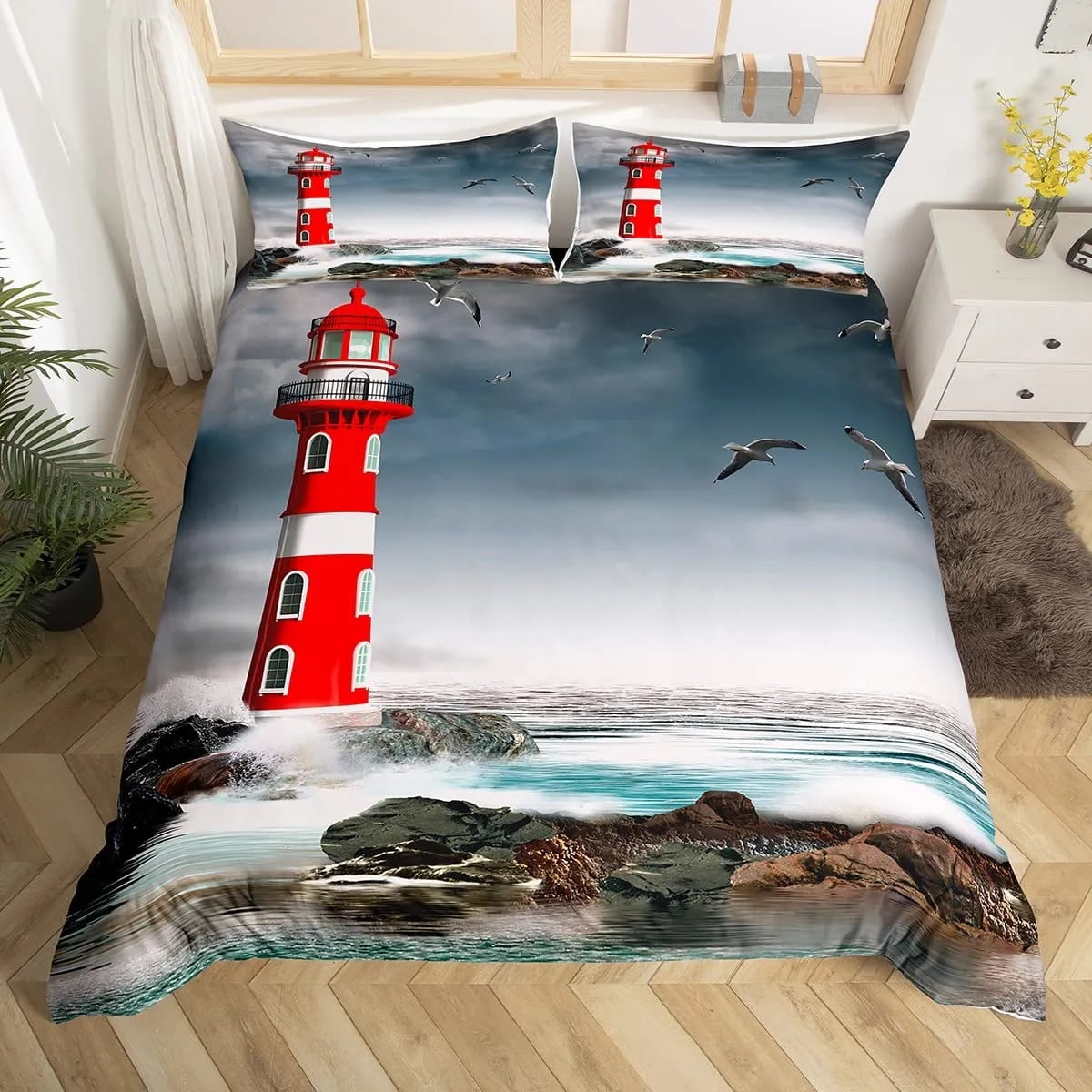 Nautical Anchor Duvet Cover Set Vintage Sail Boat Lighthouse Bedding