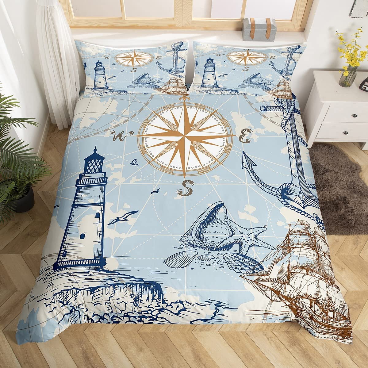 Nautical Anchor Duvet Cover Set Vintage Sail Boat Lighthouse Bedding