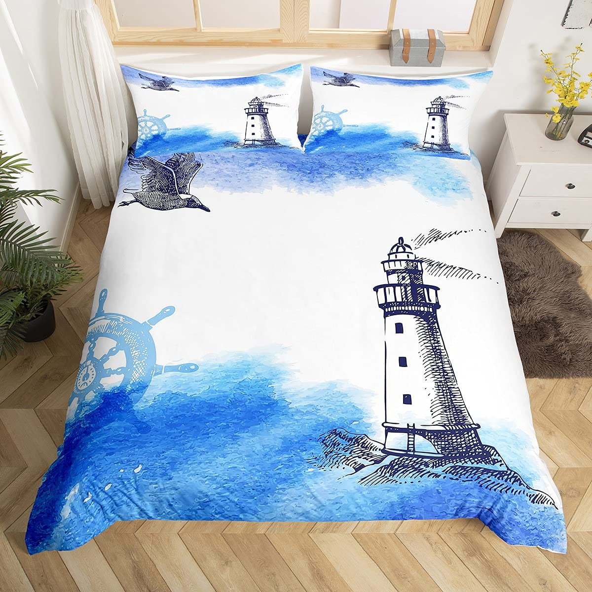 Nautical Anchor Duvet Cover Set Vintage Sail Boat Lighthouse Bedding