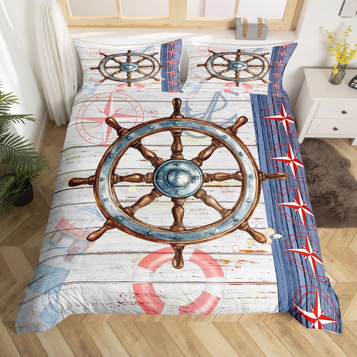 Nautical Anchor Duvet Cover Set Vintage Sail Boat Lighthouse Bedding Set Conch StarSeashell
