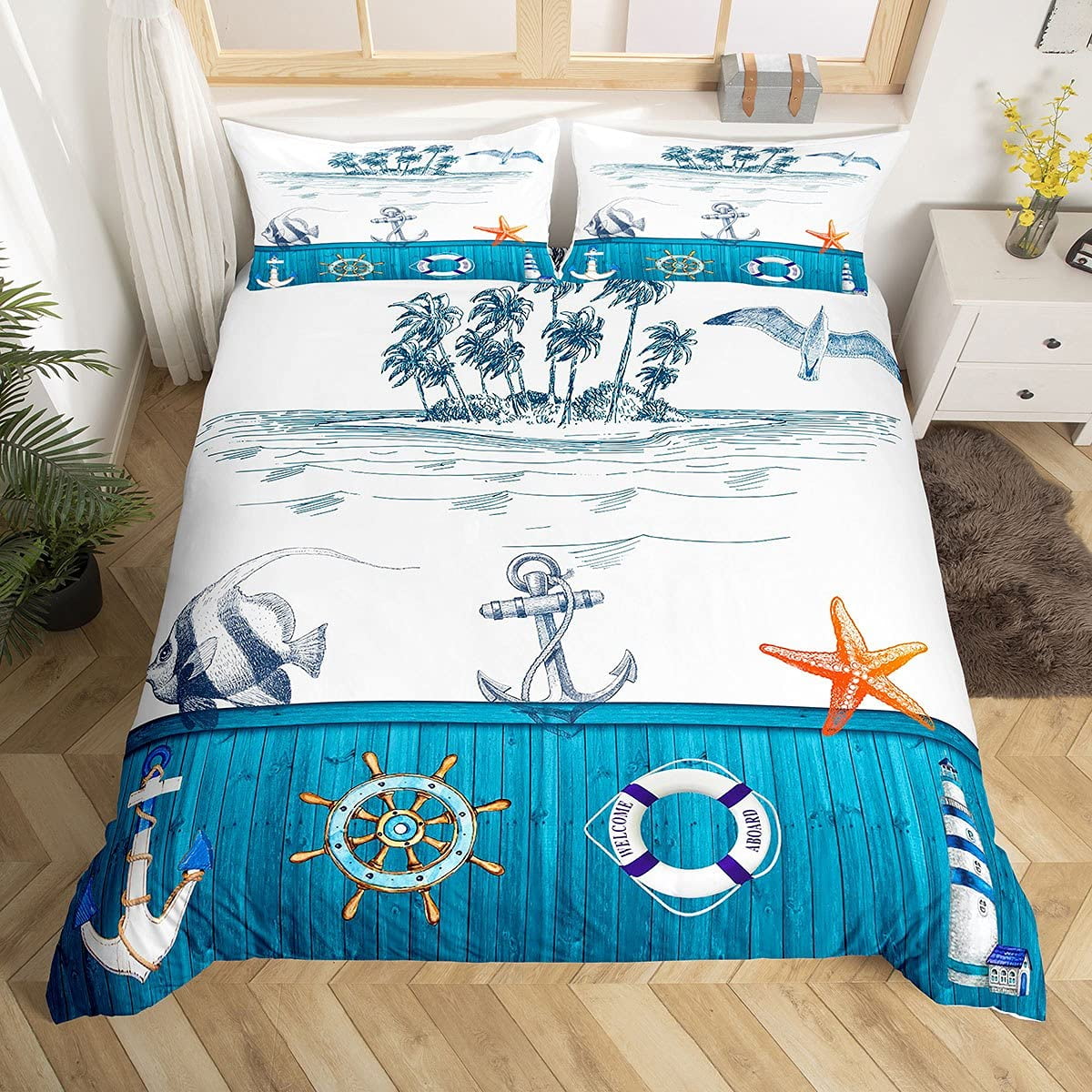 Nautical Anchor Duvet Cover Set Vintage Sail Boat Lighthouse Bedding Set Conch StarSeashell