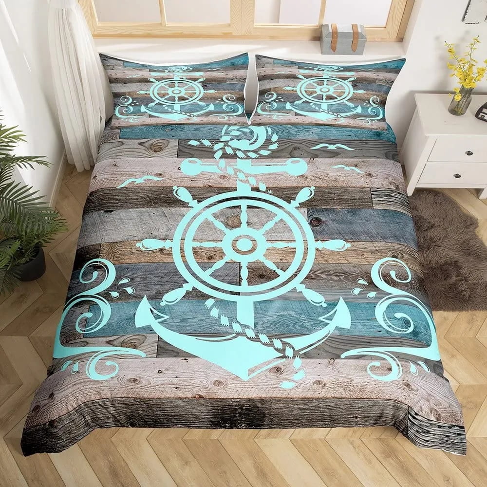 Nautical Anchor Duvet Cover Set Vintage Sail Boat Lighthouse Bedding