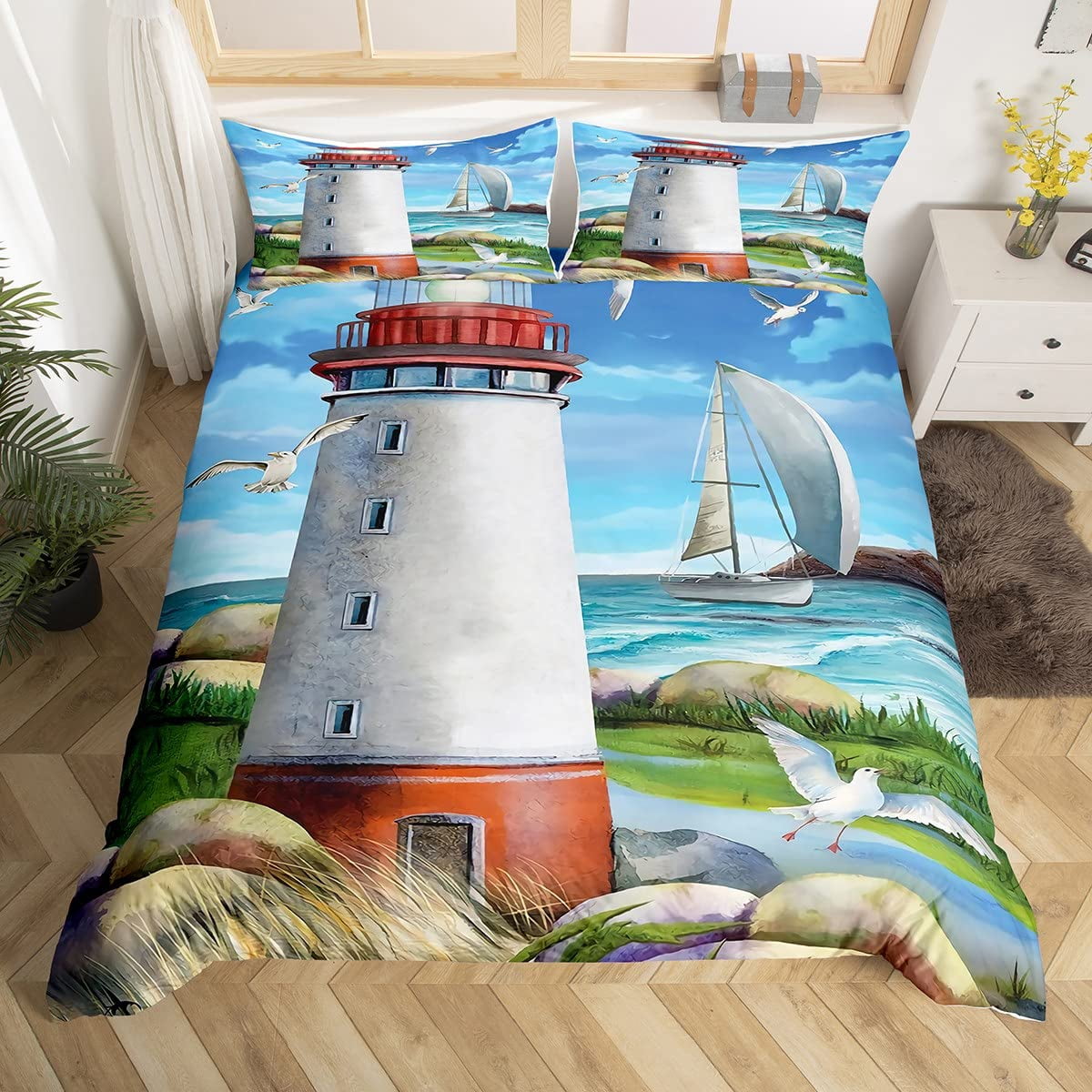 Nautical Anchor Duvet Cover Set Vintage Sail Boat Lighthouse Bedding