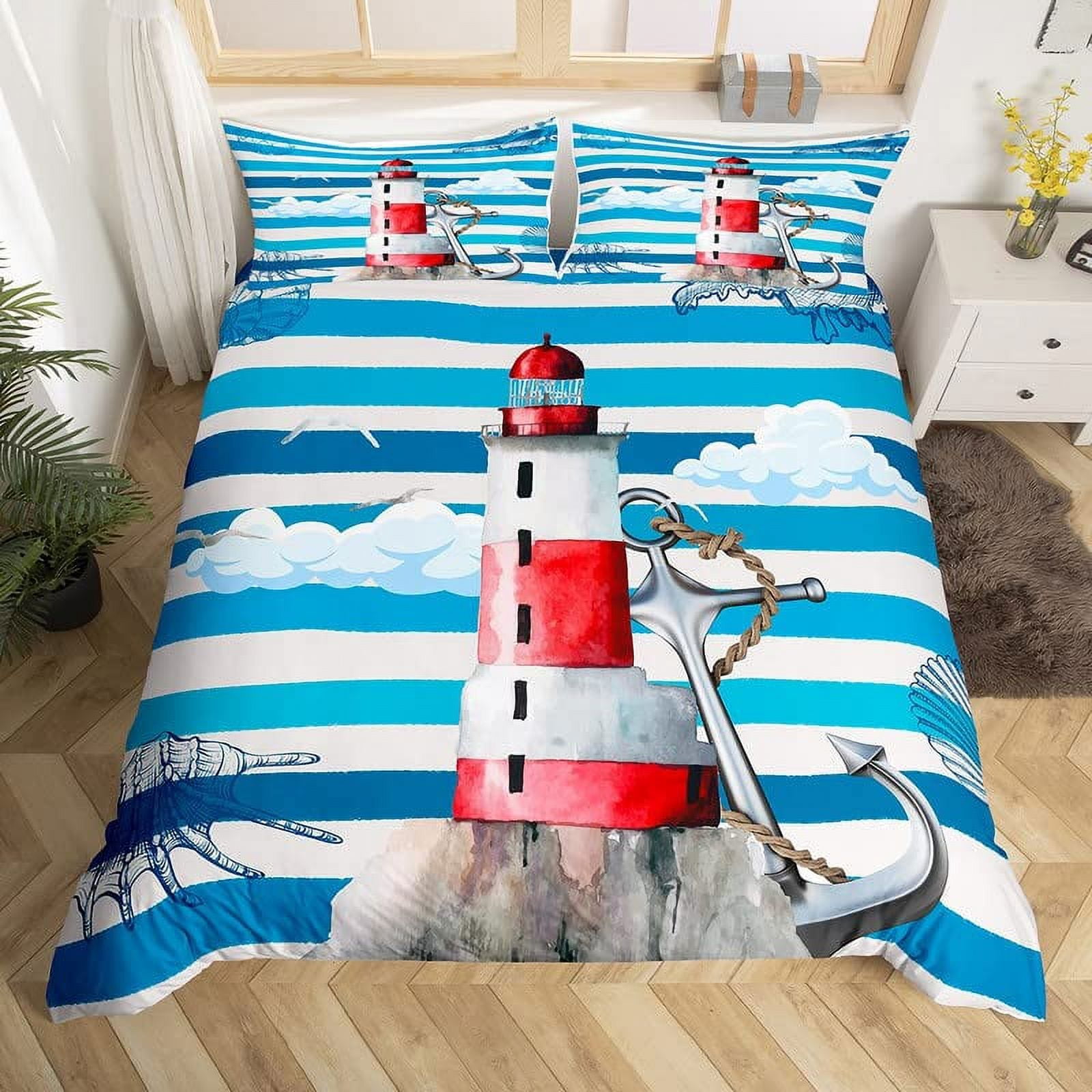 Nautical Anchor Duvet Cover Set Vintage Sail Boat Lighthouse Bedding