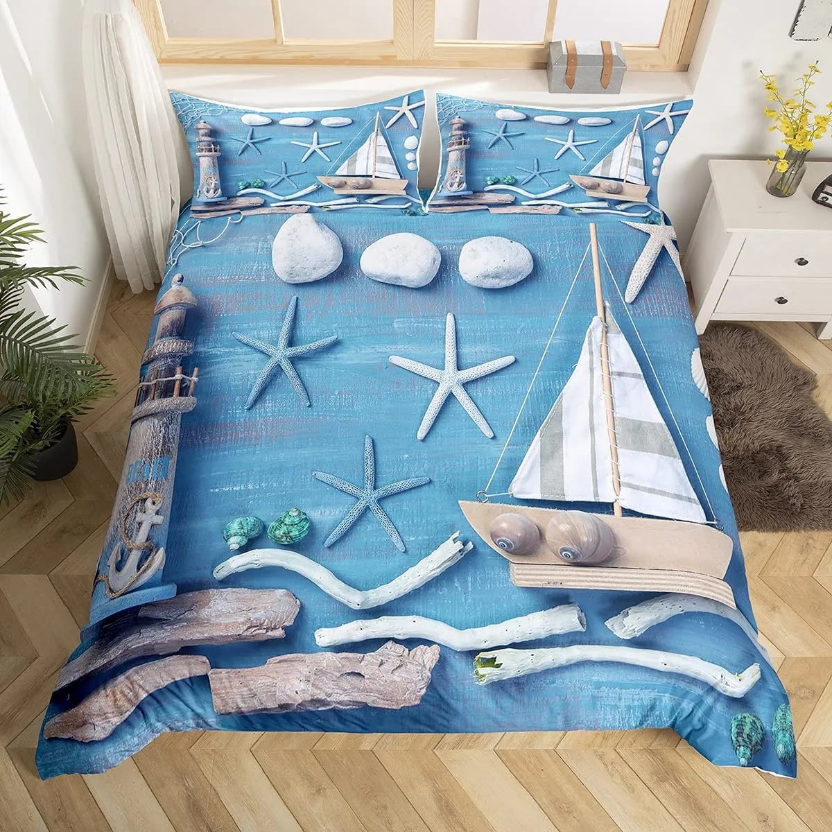 Nautical Anchor Duvet Cover Set Vintage Sail Boat Lighthouse Bedding