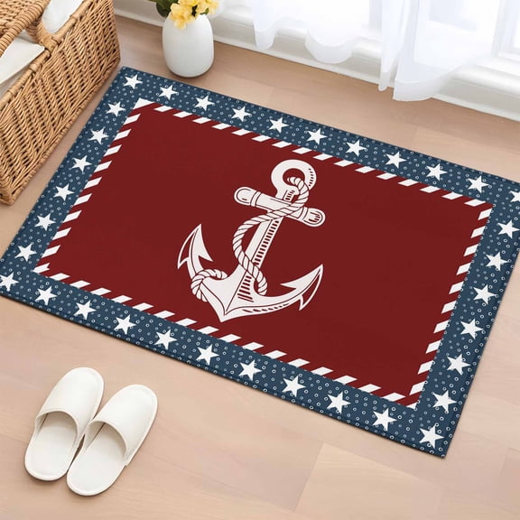 Nautical Anchor Entryway Rug 2'x3' Non Slip Front Door Mats, Red Navy Blue Coastal Stars Ocean Entrance Rugs Indoor Outdoor Carpet, Washable Floor Mats Small Area Rug for Bedroom Kitchen