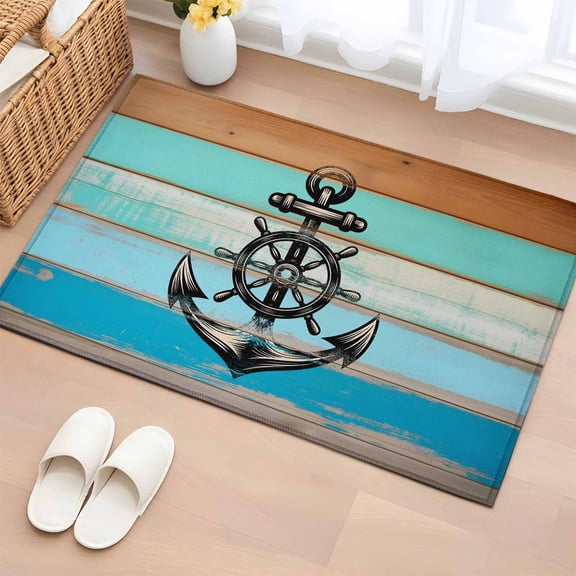 Nautical Anchor Entryway Rug 2'x3' Non Slip Front Door Mats, Retro Blue Brown Wooden Boards Farmhouse Entrance Rugs Indoor Outdoor Carpet, Washable Floor Mats Small Area Rug for Bedroom Kitchen