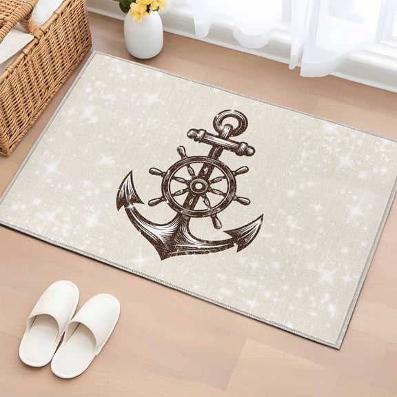 Nautical Anchor Entryway Rug 2'x3'&nbsp; Non Slip Front Door Mats, Vintage Coastal Rudder Farmhouse Beige Entrance Rugs Indoor Outdoor Carpet, Washable Floor Mats Small Area Rug for Bedroom Kitchen