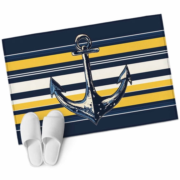 Nautical Anchor Entryway Rug 2x3 Area Rug Washable Indoor Doormat Small Bathroom Rugs Non-Slip Low Pile Accent Throw Rugs Navy Blue Yellow Striped Farmhouse Ombre Floor Carpet for Kitchen Bedroom