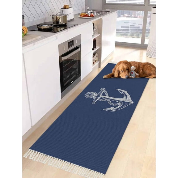Nautical Anchor Entryway Runner Rug 2x4ft,Navy Blue Coastal Marine Minimalist Rope Washable Woven Living Room Hallway Bedroom Kitchen Carpet with Tassels,Indoor Outdoor Throw Door Mat for Entryway