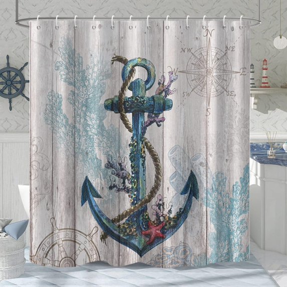 Nautical Anchor Extra Long Shower Curtain, Farmhouse Retro Wooden Plank Coral Compass Machine Washable Waterproof Fabric for Bathroom Bathtub Decor with Hooks 72Wx84H