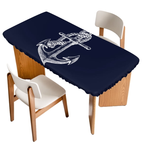 Nautical Anchor Fitted Rectangle Tablecloth 24" x 50" Knot Coastal Dark Blue Elastic Table Cloth Fits for 4 Foot Folding Tables Waterproof Table Cover for Picnic Camping Outdoor