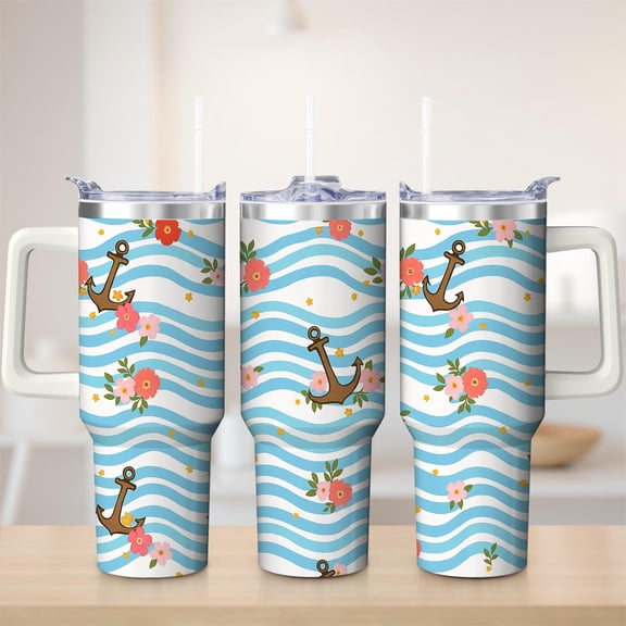 Nautical Anchor Floral Stainless Steel Insulated Mug with Lid and Handle, 30oz