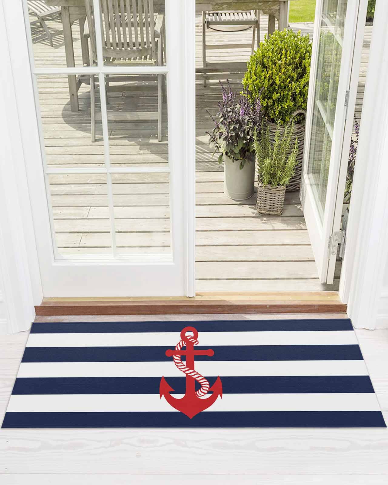 Nautical Anchor Front Door Mat Coastal Navy Blue Stripe Welcome