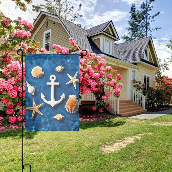 Nautical Anchor Garden Flag 12 x 18 Inch Double-Sided Seasonal Welcome Yard Banner Navy Blue Starfish Shell Design for Indoor Outdoor Home Decoration