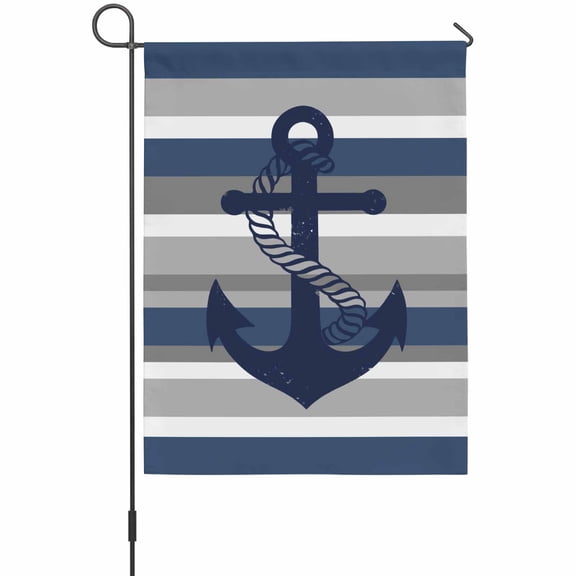 Nautical Anchor Garden Flag 12 x 18 Inches, Navy Blue Grey Stripe Modern Simplistic Striped Weather Proof Outdoor Patio Flags Double Sided Small Garden Decoration for Yard Outside Home
