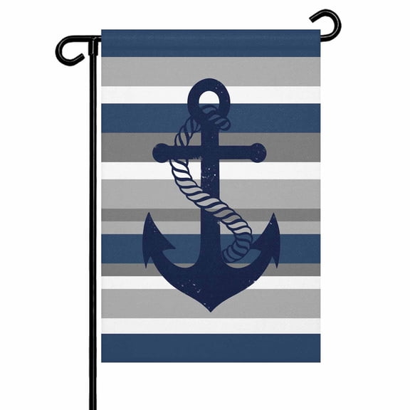 Nautical Anchor Garden Flag 12x18 Inch Navy Blue Grey Stripe Modern Simplistic Striped Double Sided Small Decorative Garden Flags for Outside, Outdoor Yard Porch Lawn Decoration