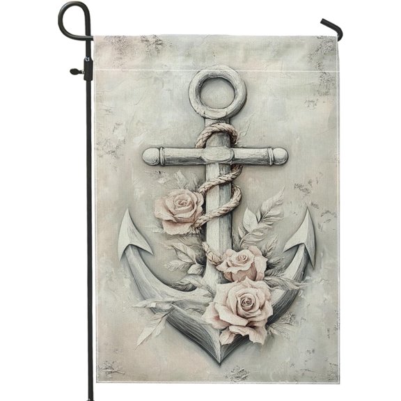 Nautical Anchor Garden Flag Beige Floral Home Decor Banner Double Sided Rustic Spring Summer Outdoor Lawn Decoration Beach Theme Yard Flag 12x18 Inch