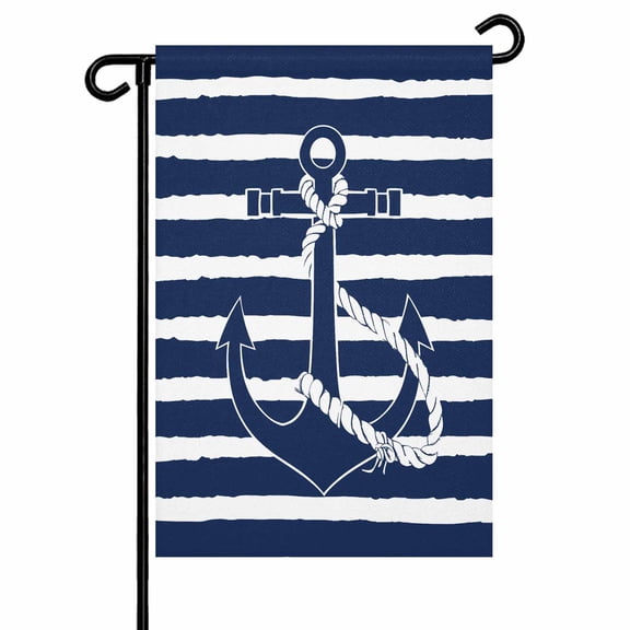 Nautical Anchor Garden Flags for Outside Navy Blue Striped Pattern Double Sided Yard Flags Outdoor House Decoration, Small 12X18 Inch,