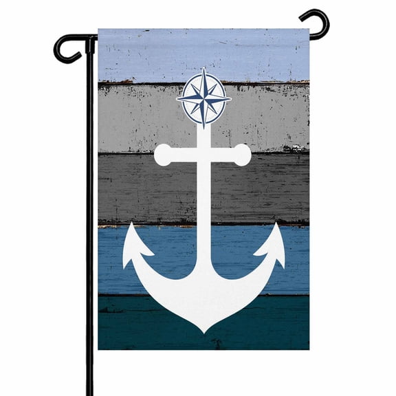 Nautical Anchor Garden Flags for Outside Vintage Farmhouse Blue Wood Texture Double Sided Yard Flags Outdoor House Decoration, Small 12X18 Inch,