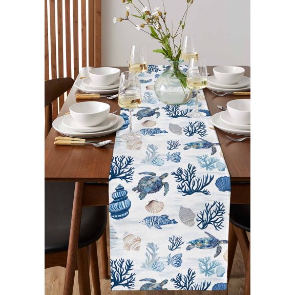 Nautical Anchor Gray Table Runner 13x72in Non-Slip Cotton Linen Table Runners, Turquoise White Striped Dresser Scarves TableRunner for Dinner Kitchen Dining Wedding Party
